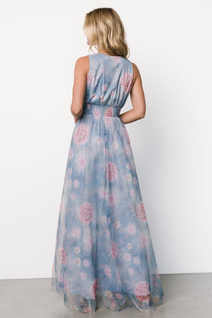 Kamila Tulle Maxi Dress Light Blue + Pink Floral 1Xl