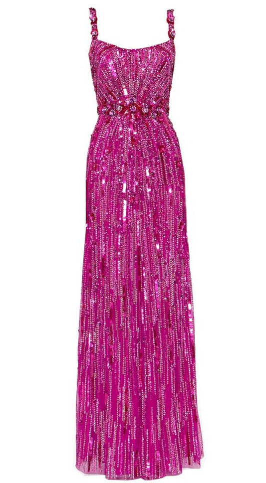 Crystal Floral Strap Sequin Maxi Dress Hot Pink