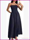 Spaghetti Strap Shirred Flared Maxi Dress Summer Prom Cami Color: Blue