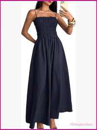 Spaghetti Strap Shirred Flared Maxi Dress Summer Prom Cami Color: Blue
