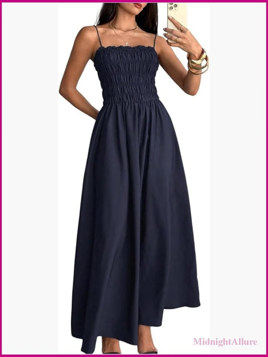 Spaghetti Strap Shirred Flared Maxi Dress Summer Prom Cami Color: Blue