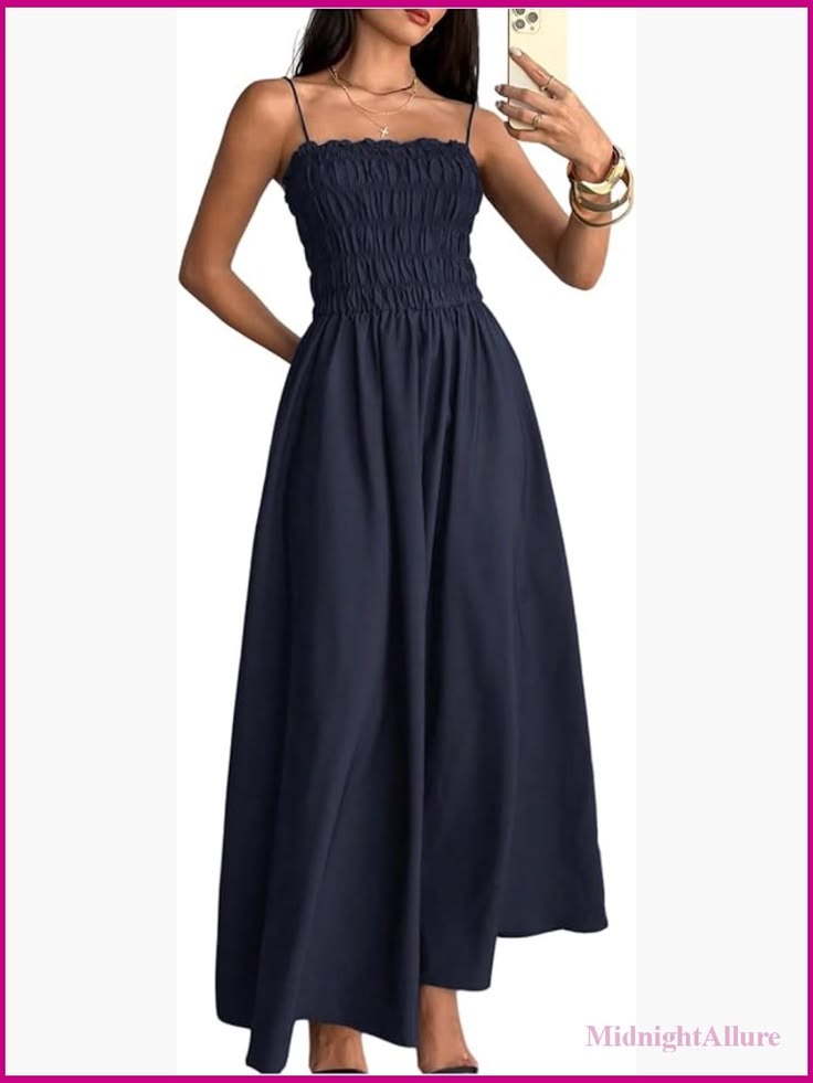 Spaghetti Strap Shirred Flared Maxi Dress Summer Prom Cami Color: Blue