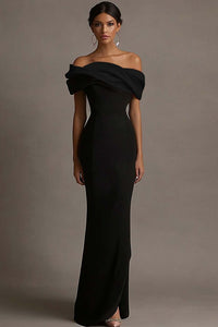 Black and Pink Satin Off the Shoulder Sheath Long Evening Dress - Black and Pink / US8