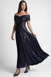 Iris Navy Off Shoulder Maxi Gown Beaded Waist