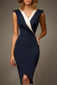 Work Dress Navy White Sleeveless Bodycon Knee Length Dress Navy