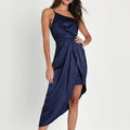 Dress Asymmetrical Navy One Shoulder Midi Dress Color: Blue Size: L