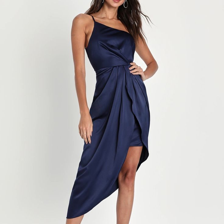 Dress Asymmetrical Navy One Shoulder Midi Dress Color: Blue Size: L