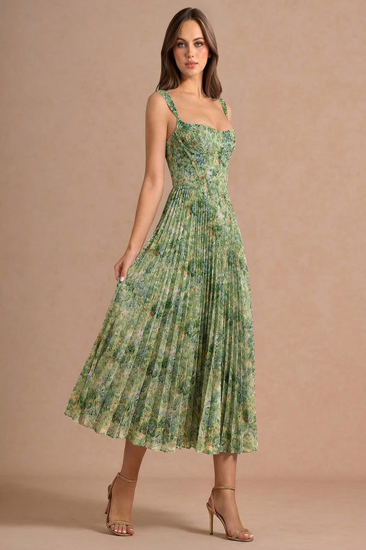 Azazie Maelle Green Floral Midi Dress