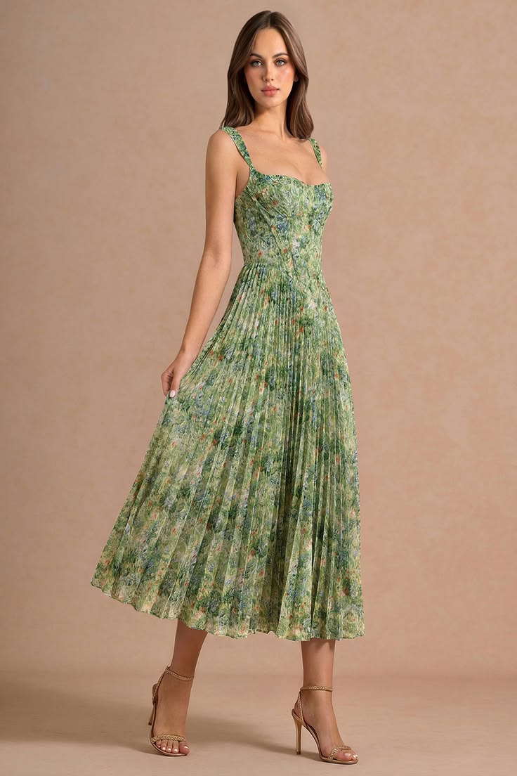 Azazie Maelle Green Floral Midi Dress
