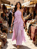 Romantic Pleated Halter Dress, Asymmetric Ruffle Maxi Dress, Elegant