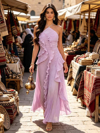 Romantic Pleated Halter Dress, Asymmetric Ruffle Maxi Dress, Elegant