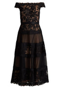 Adriane Floral Embroidered Tea Length Dress Black Nude