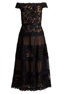 Adriane Floral Embroidered Tea Length Dress Black Nude
