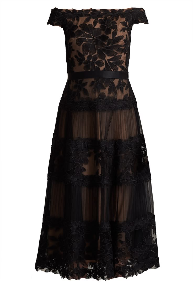 Adriane Floral Embroidered Tea Length Dress Black Nude