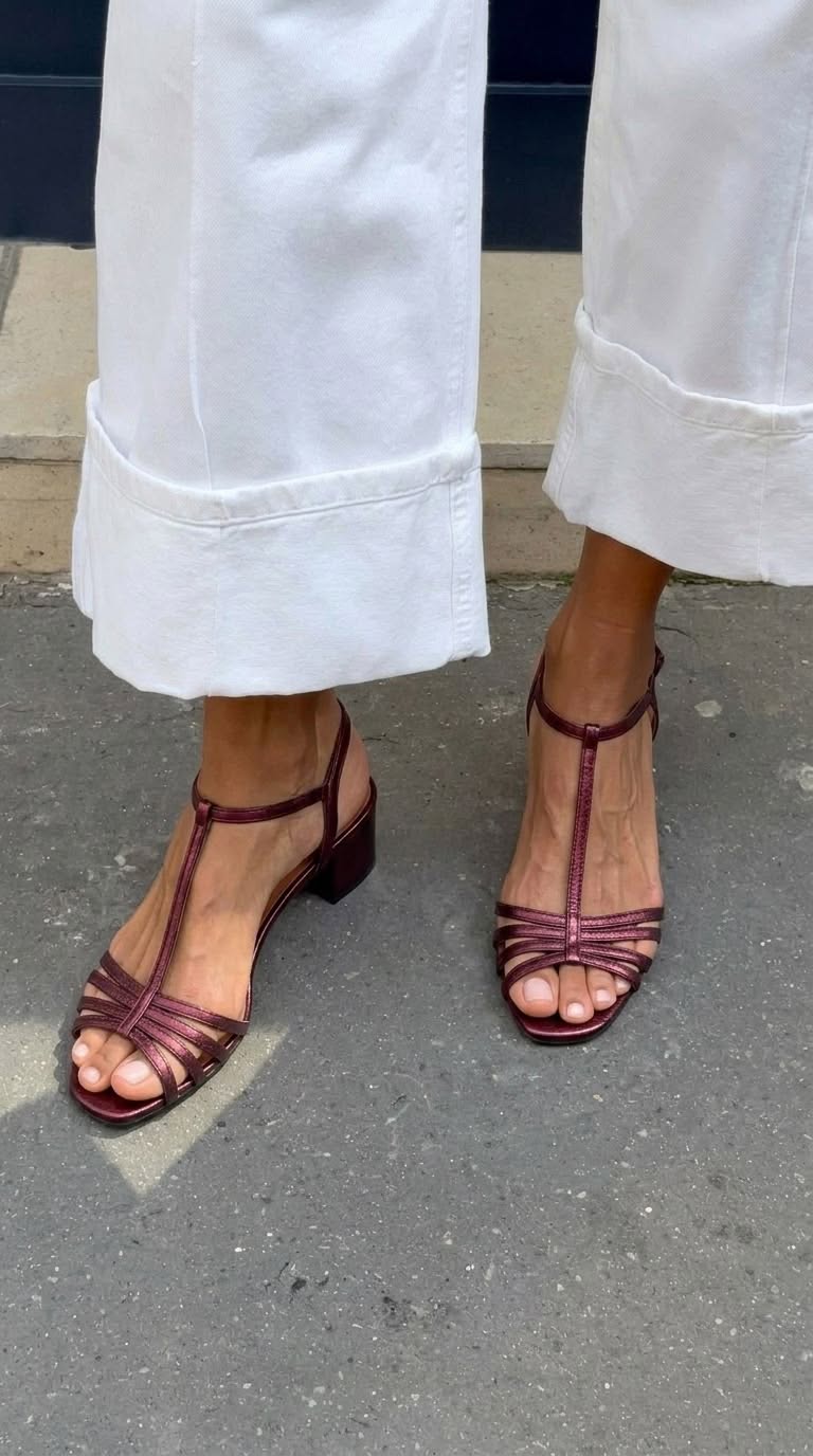 Freya – Metallic T-Bar Buckle Block Heel Sandals