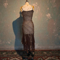 Tory, 90s beaded brown bias cut chiffon handkerchief dress
