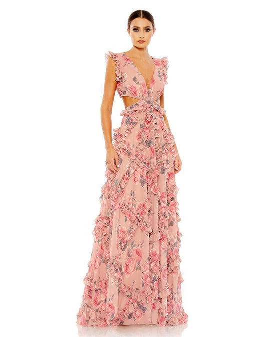 Pink Ruffled Cut Out Cap Sleeve V Neck Gown Mac Duggal