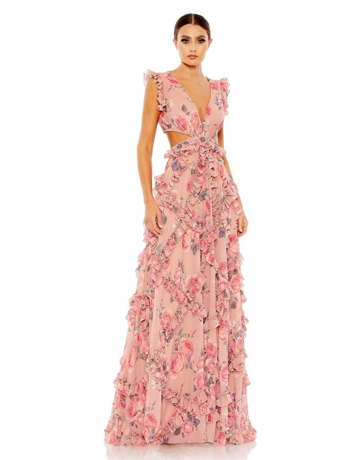 Pink Ruffled Cut Out Cap Sleeve V Neck Gown Mac Duggal