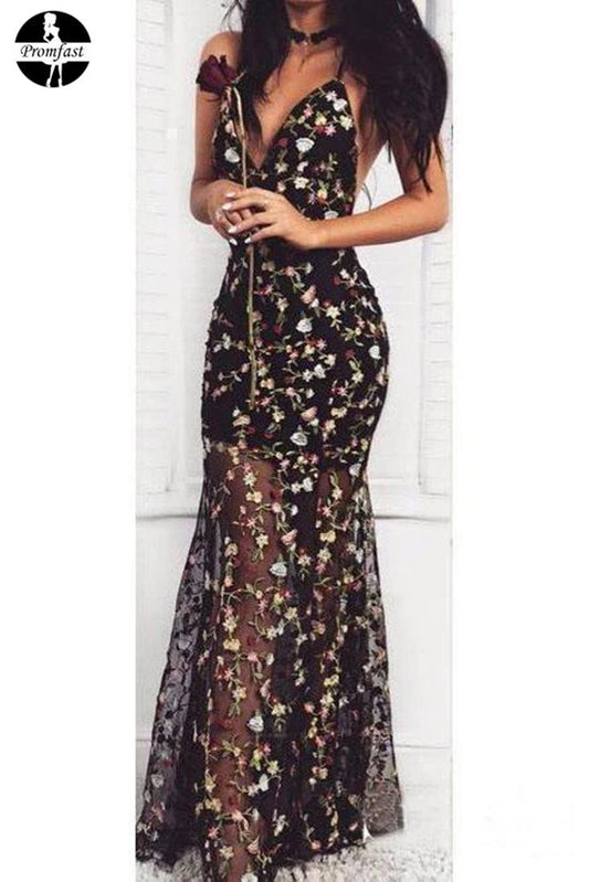 Black Mermaid Floral Prom Dress Sexy V Neck Straps Formal Dress