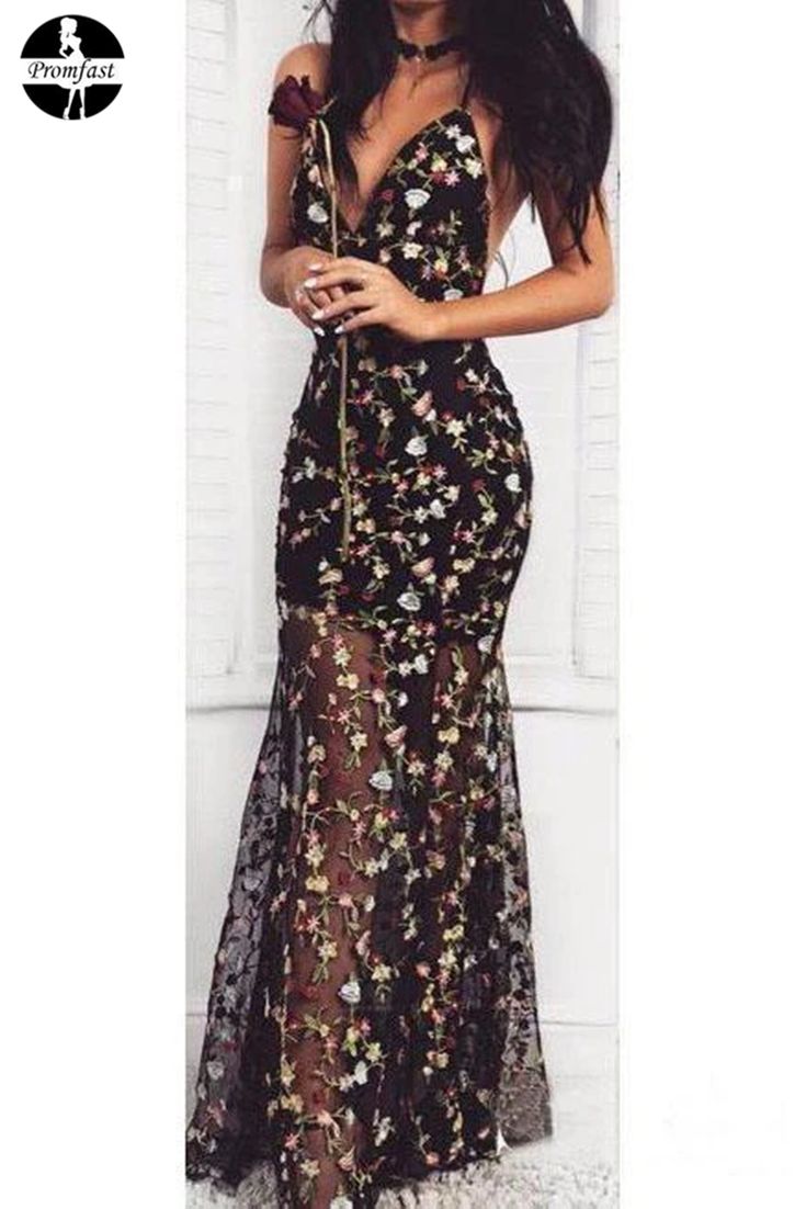 Black Mermaid Floral Prom Dress Sexy V Neck Straps Formal Dress