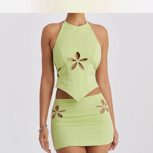 Green Cutout Halter Top and Skirt Set
