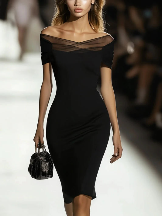 Women Elegant Knee Length Dress Natural Bodycon Cold Shoulder Jersey