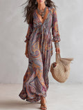 Retro Paisley V Neck Dress With Adjustable Tie Waist, Earth Color 3Xl