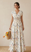 Floral Print Maxi Dress, V Neck Lace Up Dress, Women's Short Sleeve
