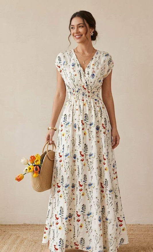 Floral Print Maxi Dress, V Neck Lace Up Dress, Women's Short Sleeve