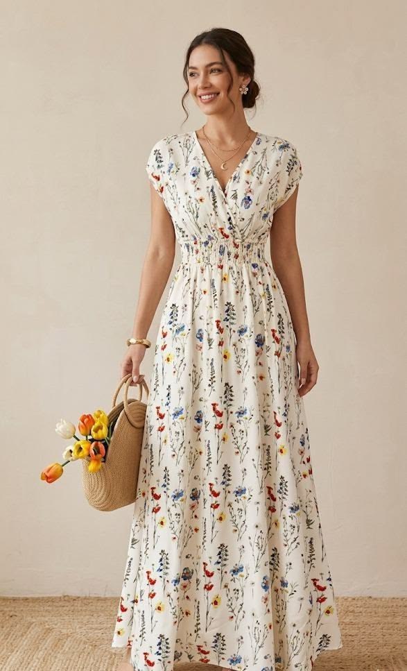Floral Print Maxi Dress, V Neck Lace Up Dress, Women's Short Sleeve
