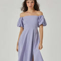 Astr Dress Lavender Off Shoulder Puff Sleeve Midi Dress Color: Purple