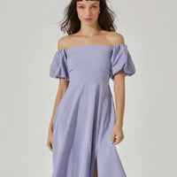 Astr Dress Lavender Off Shoulder Puff Sleeve Midi Dress Color: Purple