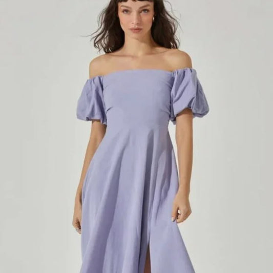 Astr Dress Lavender Off Shoulder Puff Sleeve Midi Dress Color: Purple