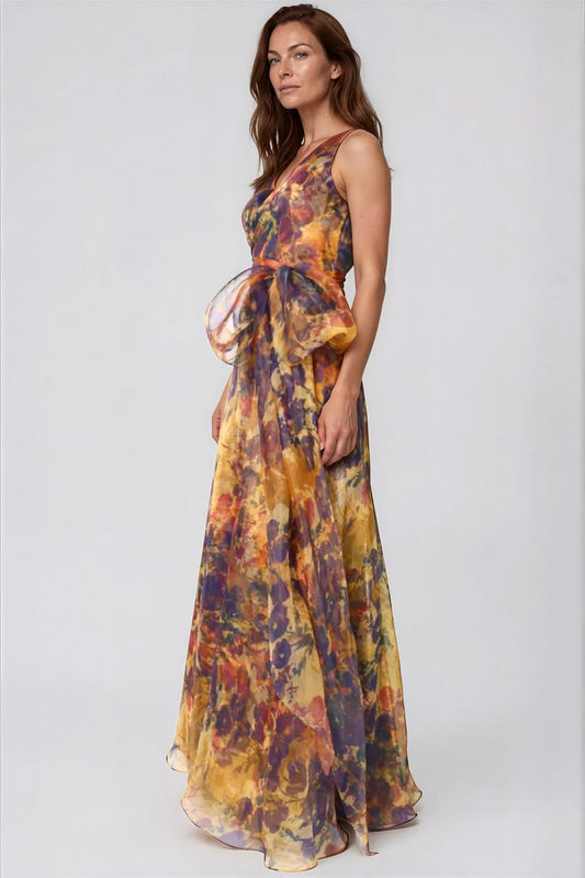 V Neck Organza A Line Gown SP Multi