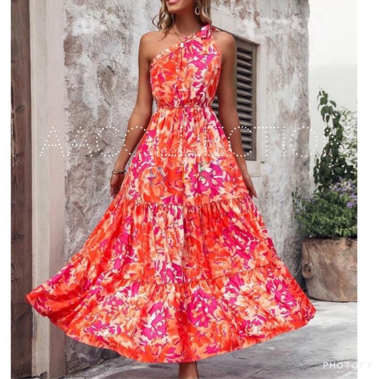 Boho Water Color Abstract Print One Off Shoulder Tie Maxi Dress Color: