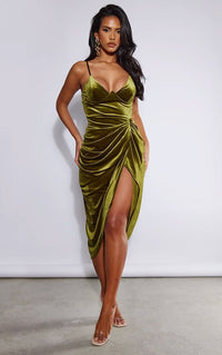Olive PrettyLittleThing Velvet Underwired Strappy Draped Midi Dress
