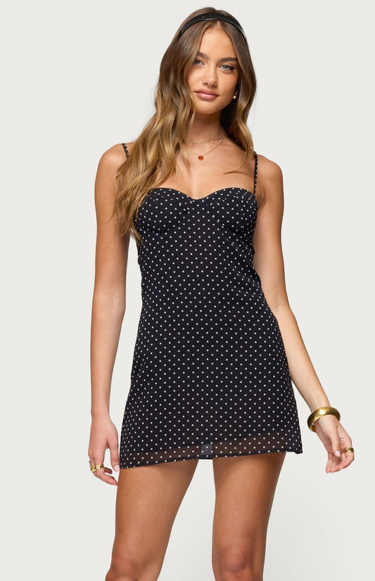 Womens Polka Dot Cupped Chiffon Mini Dress Black Size XS