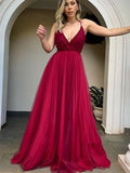 V Neck Backless Burgundy Tulle Long Prom Dress, Backless Maroon Formal