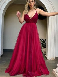 V Neck Backless Burgundy Tulle Long Prom Dress, Backless Maroon Formal