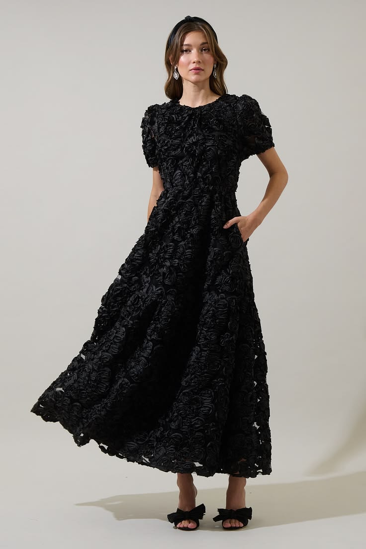 Eirene Rosette Becca Tiered Maxi Dress Black