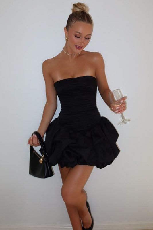 Black Layered Strapless Ball Party Dress
