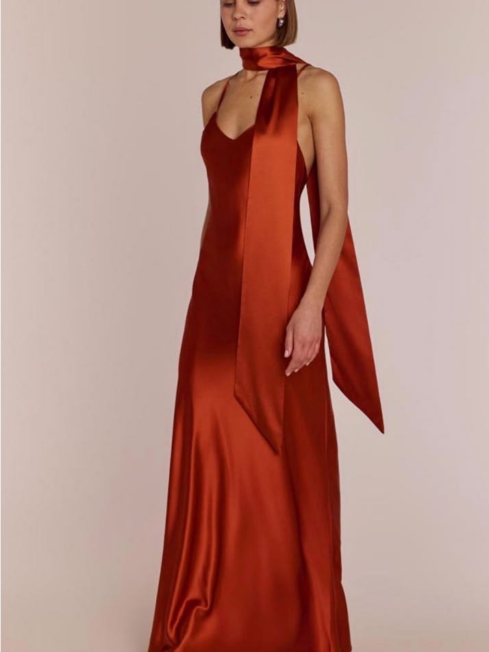 Rewritten Dress Satin Slip Maxi Dress With Long Neck Scarf In Rust