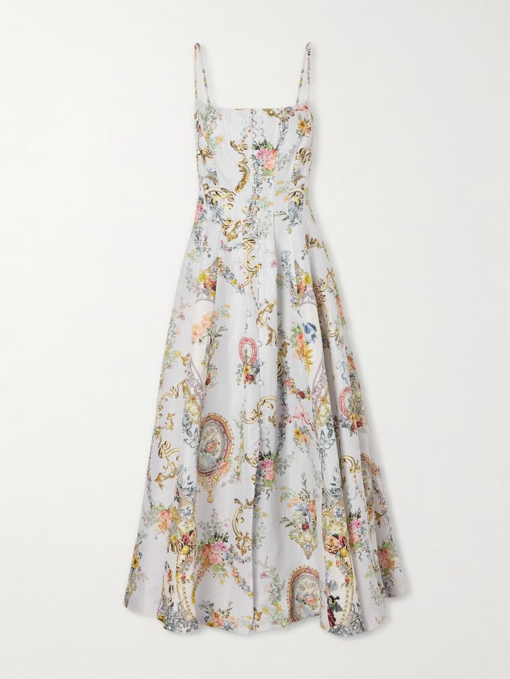 Camilla - Crystal-embellished Printed Linen And Silk-blend Midi Dress - White - large
