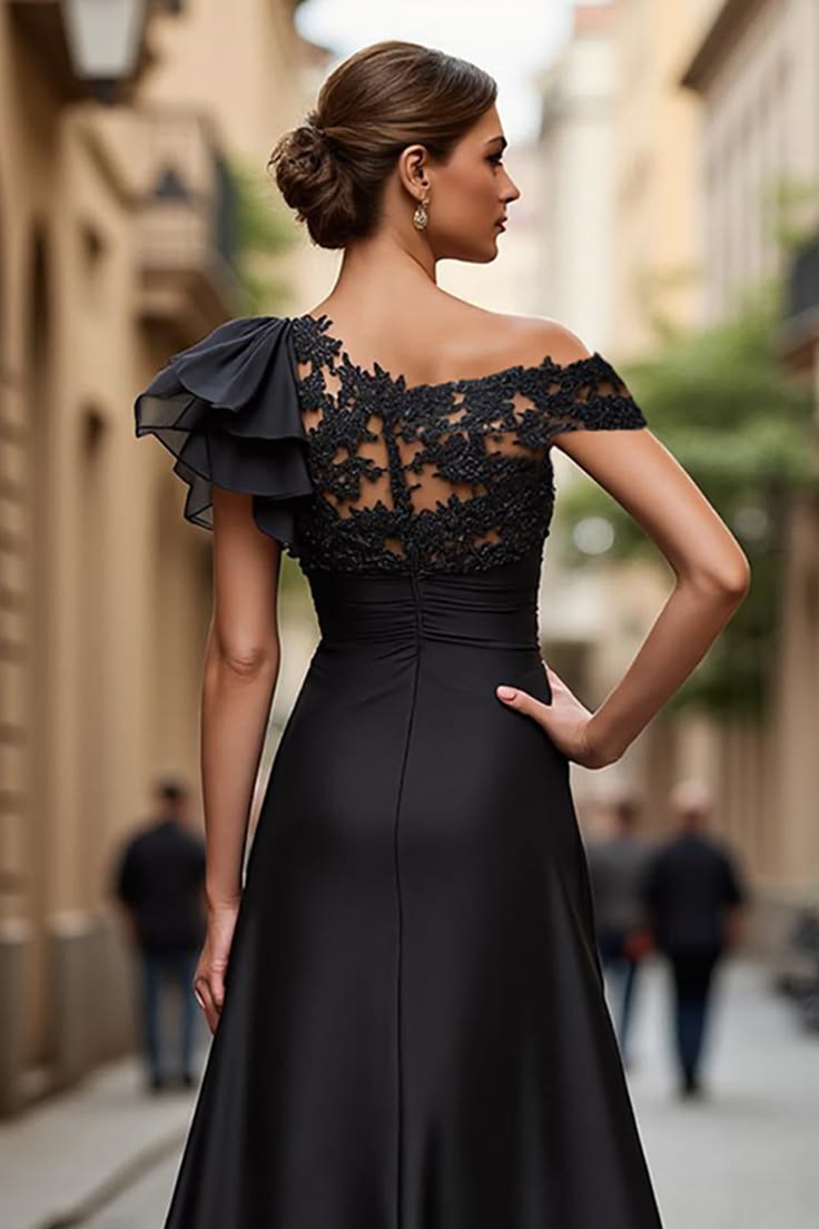 A Line Asymmetrical Black Mother Of The Bride Dress With Appliques