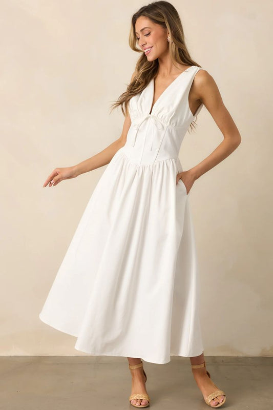 Sunny Day Soiree White Cotton Corset Midi Dress