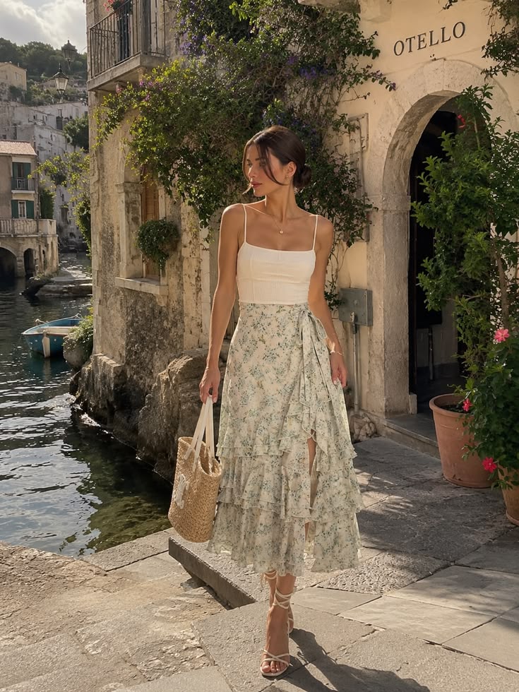 Skirts En Saison Marlene Floral Ruffle Tiered Midi Skirt Color: Cream