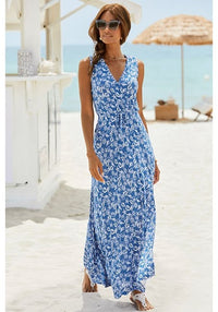 Summer Sleeveless V Neck Maxi Dress, Blue Printed