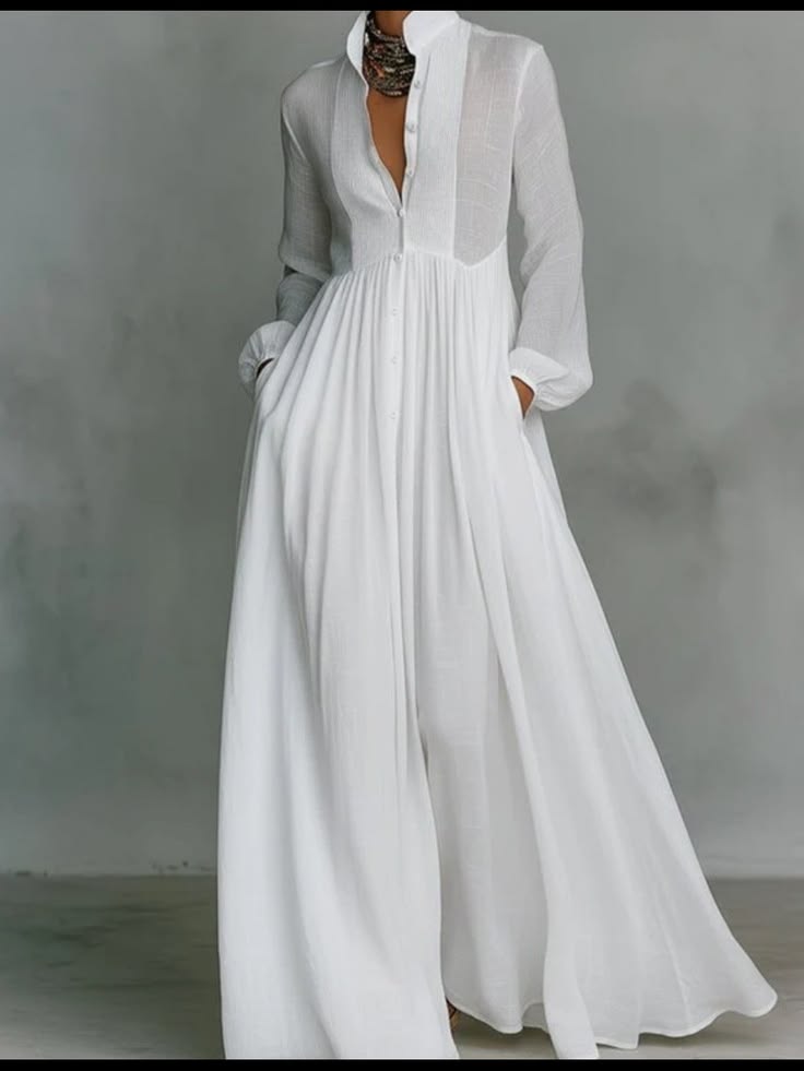The Unbranded Brand Dress White Maxi Shirt Dress With Long Sleeves