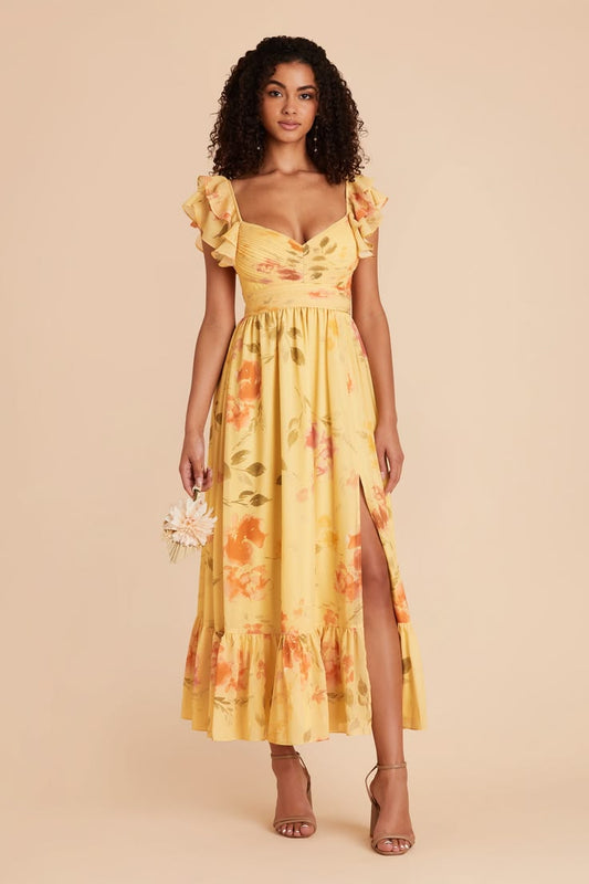Michelle Chiffon Dress In Pale Yellow Rococo Floral