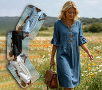 Mila - Ruffle Sleeve Denim A-Line Dress with Button Detail